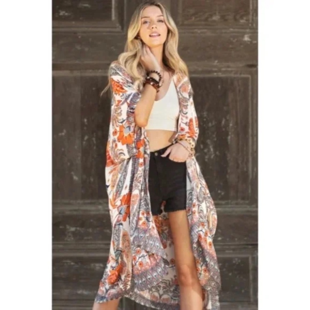 Alabaster Dobby Jacquard Intricate Jacobean Motif Boho Bohemian Kimono Wrap Top - Picture 3 of 5